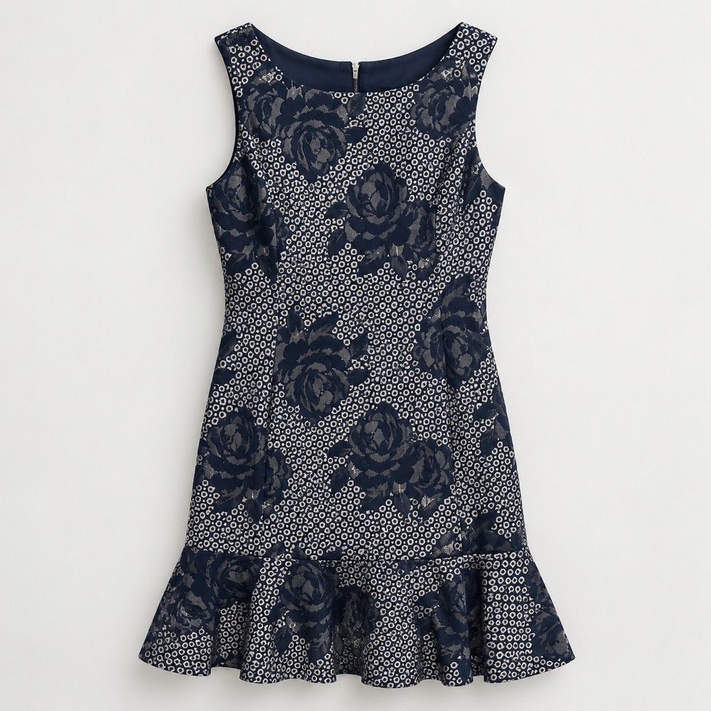 Betsey Johnson Size 10 Navy Floral Fit & Flare Dress Sleeveless Ruffle Hem